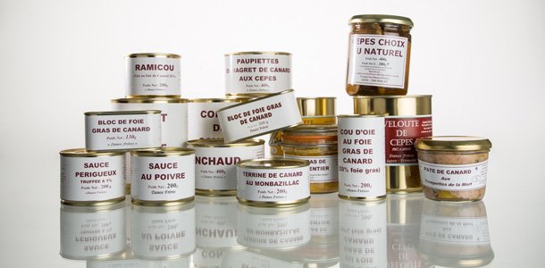Extrait de la gamme des conserves de Robert et Jean Danos, artisan conserveur en Dordogne Extrait de la gamme des conserves de Robert et Jean Danos, artisan conserveur en Dordogne