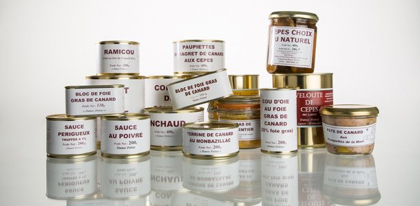 Extrait de la gamme des conserves de Robert et Jean Danos, artisan conserveur en Dordogne